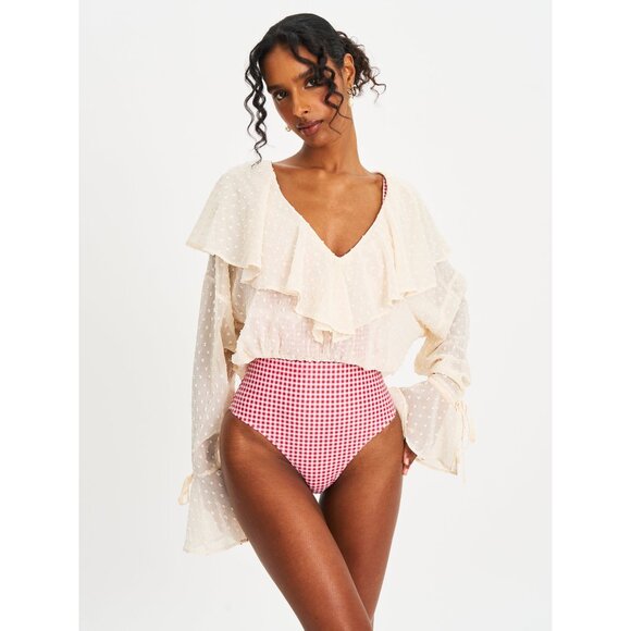 Magali Beige Dotted Mesh Ruffle Top - Picture 8 of 12